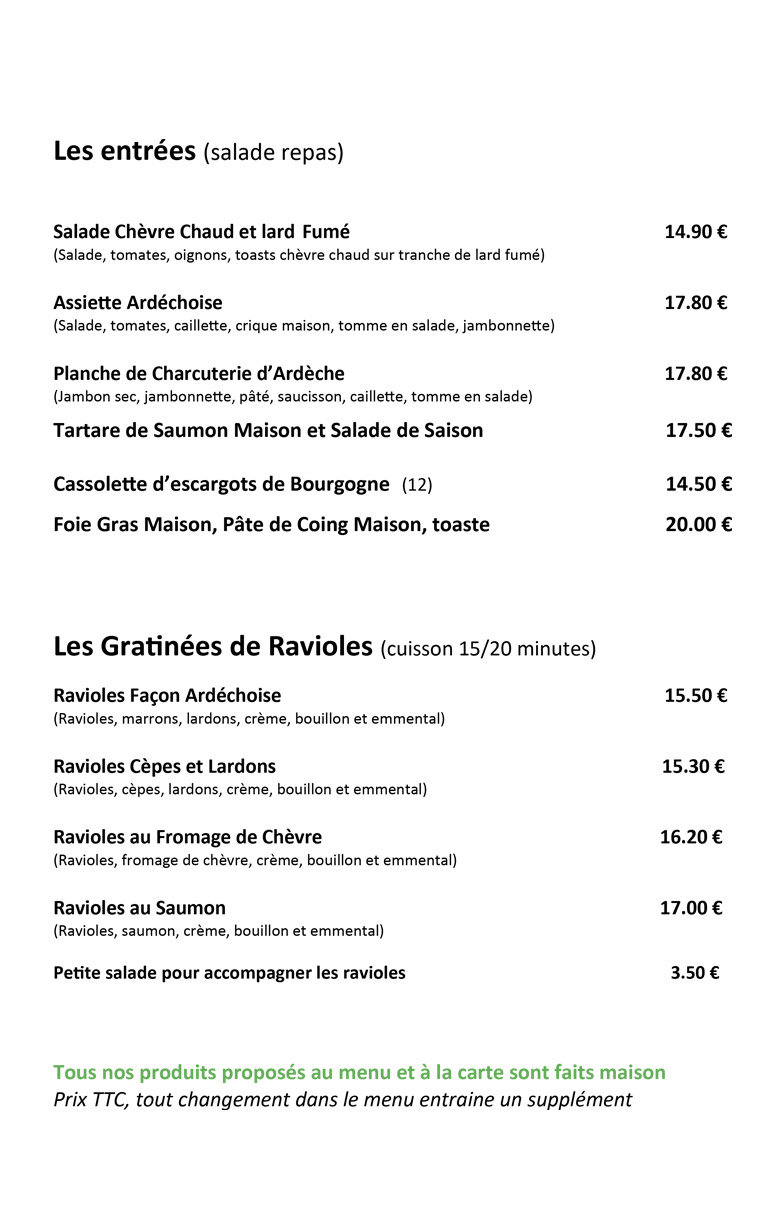 carte des entrées et gratinées de ravioles du restaurant avec produits régionaux à Lamastre en Ardèche