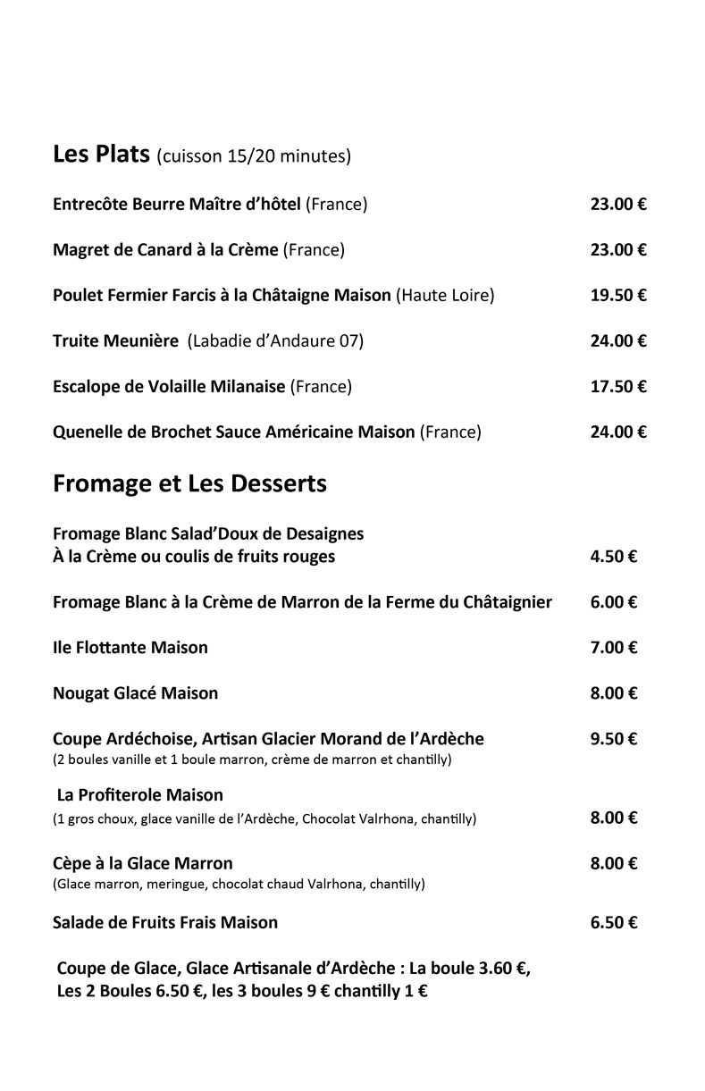 carte des plats fromages et desserts du restaurant avec produits régionaux à Lamastre en Ardèche