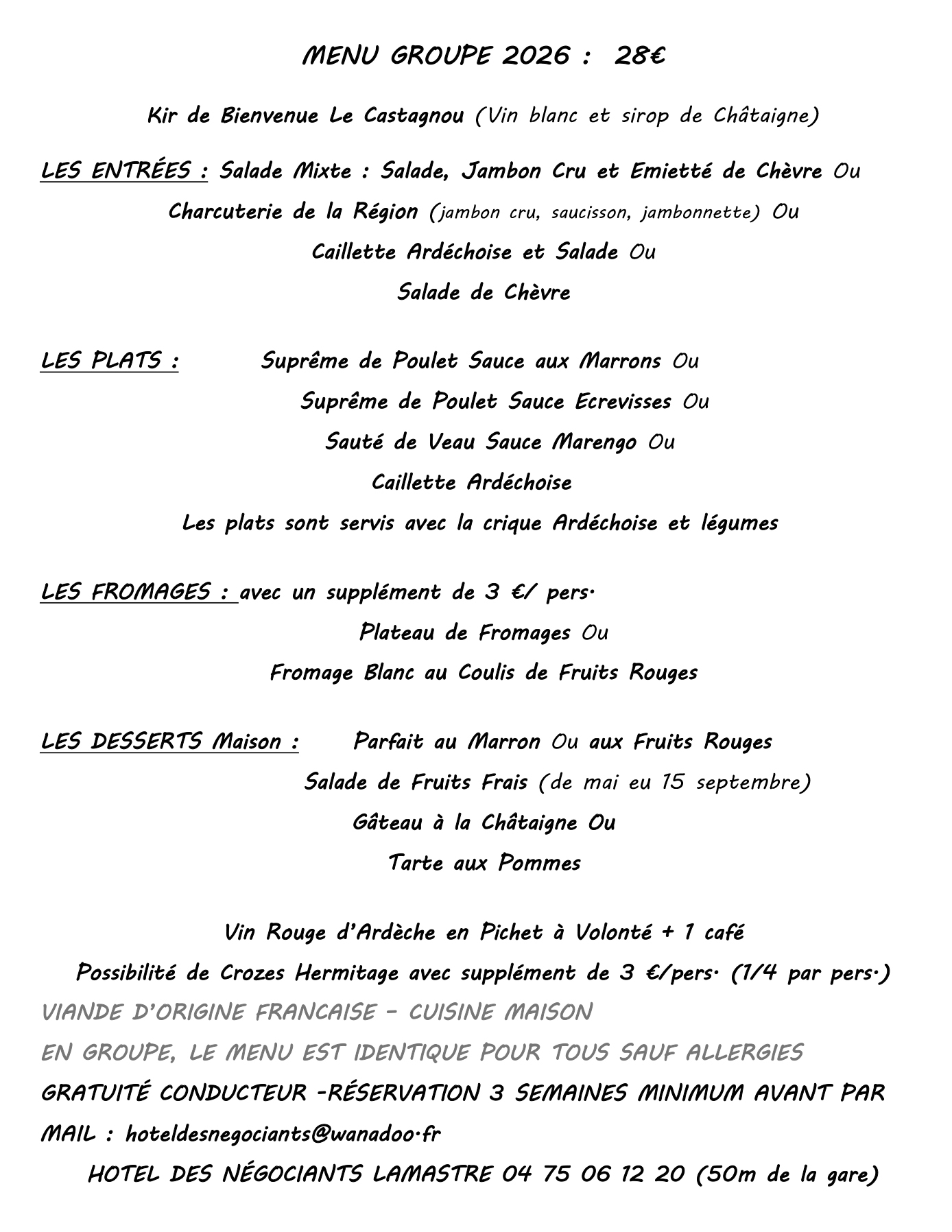 Menu de groupe à 28€