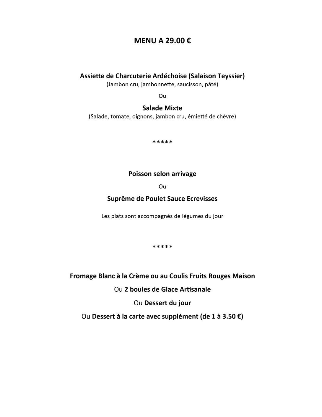 carte du restaurant menu à 29€