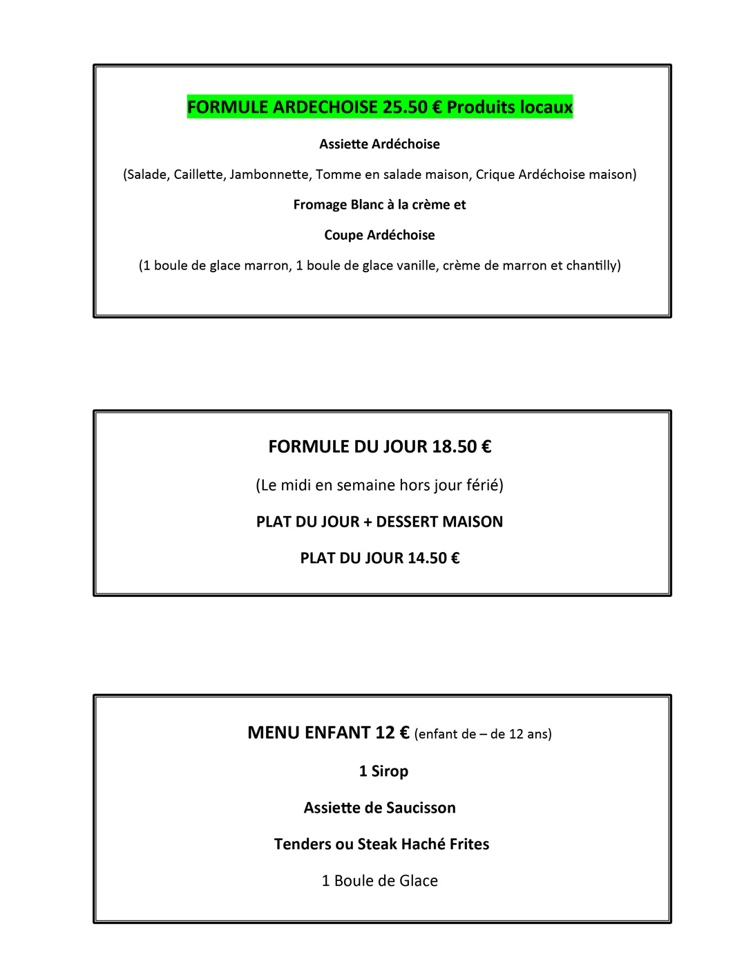 carte du restaurant formule midi - plat du jour - menu enfant