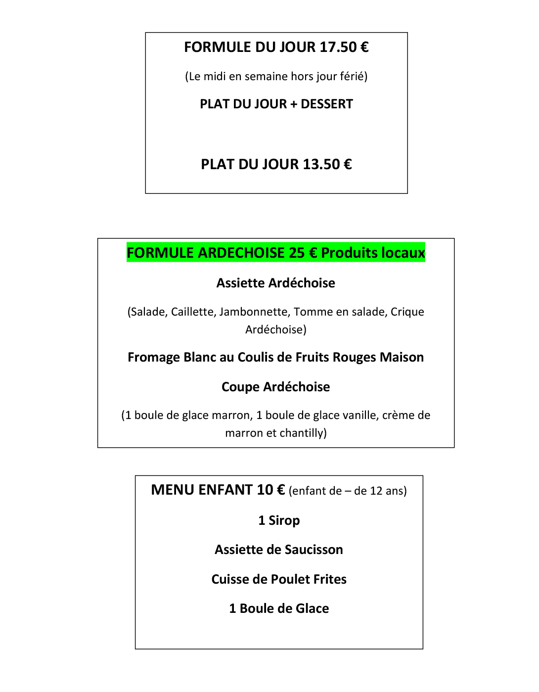 carte du restaurant formule midi - plat du jour - menu enfant 10€