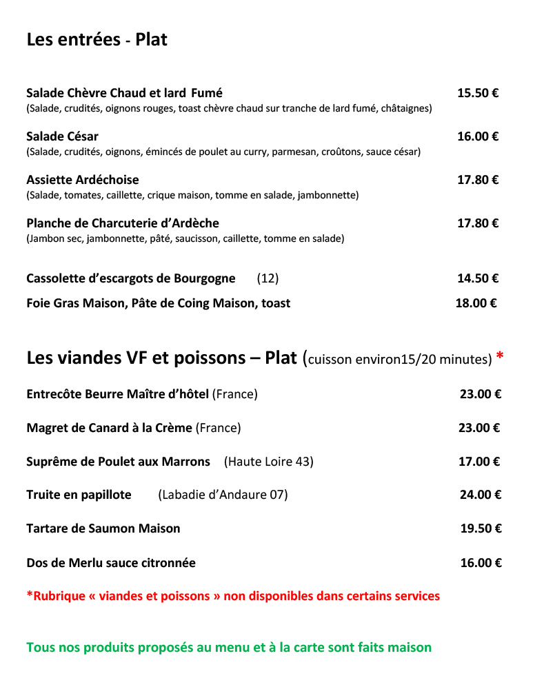 carte des entrées des viandes et poissons du restaurant avec produits régionaux à Lamastre en Ardèche