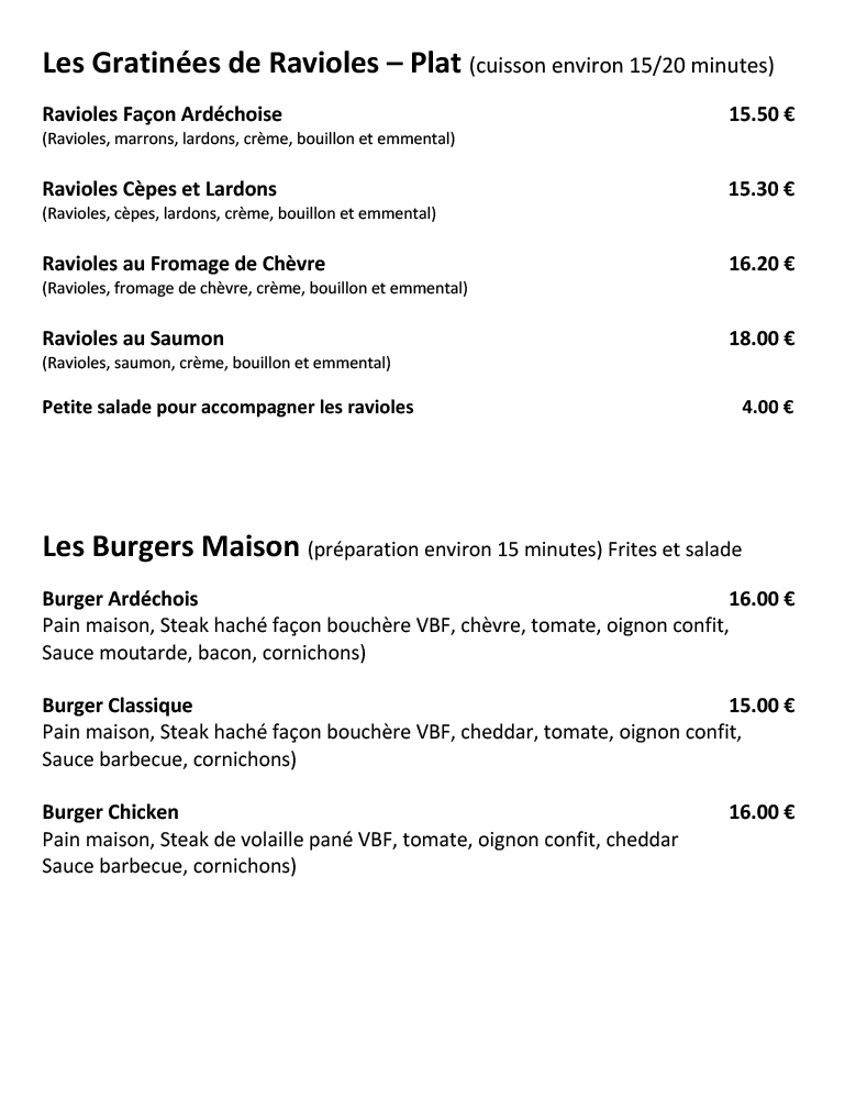 carte des Gratinées de raviols Plats et Burgers Maison du restaurant avec produits régionaux à Lamastre en Ardèche