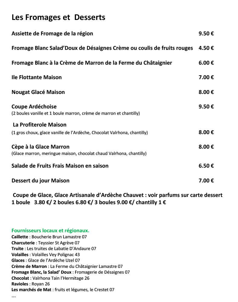 carte des plats fromages et desserts du restaurant avec produits régionaux à Lamastre en Ardèche
