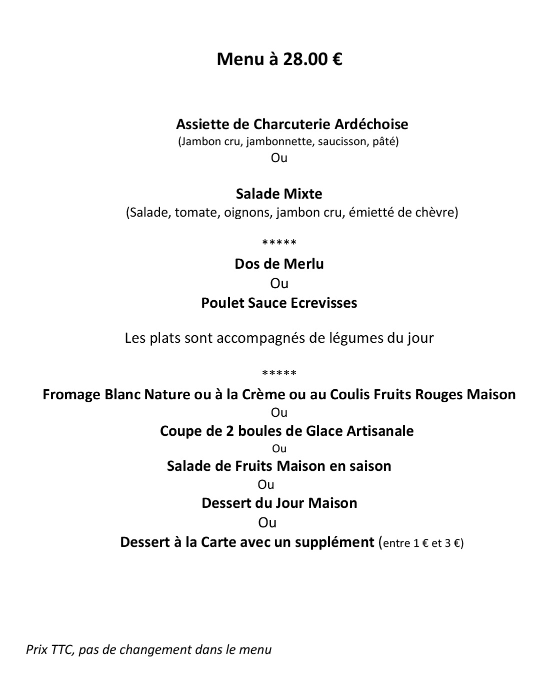 carte du restaurant menu à 28€