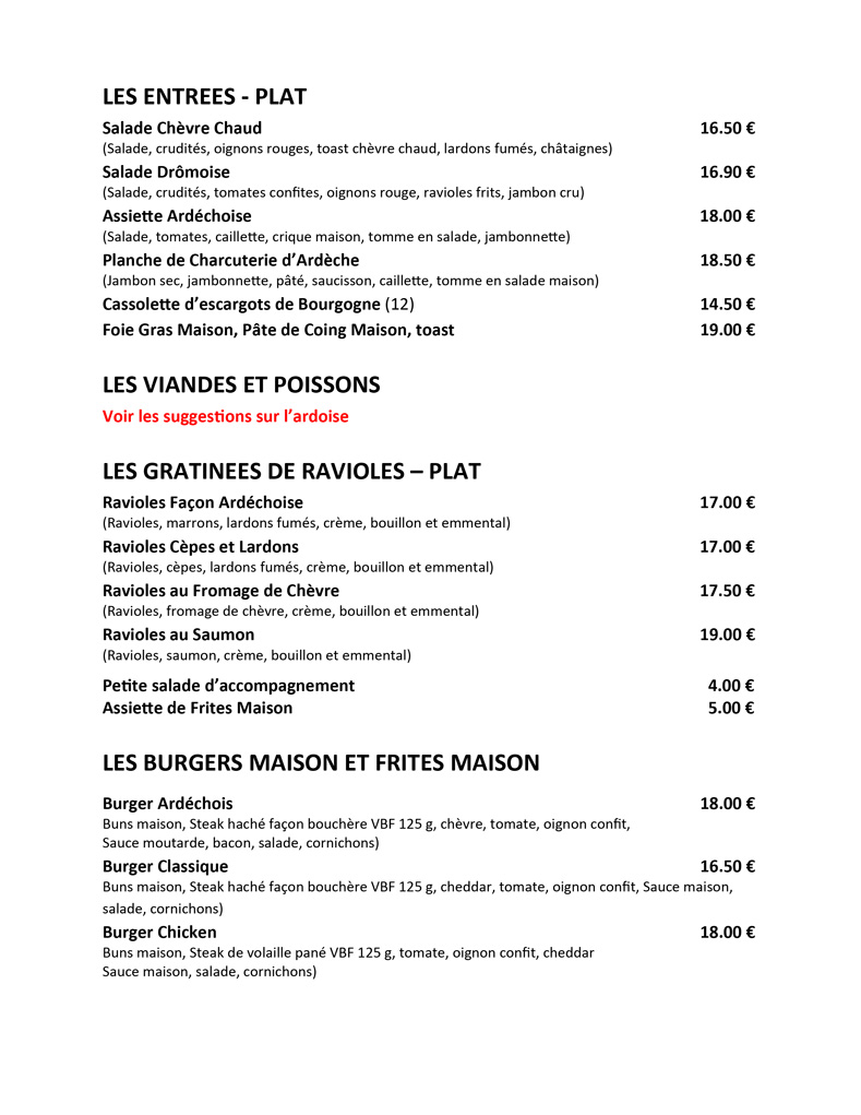 carte des entrées des viandes et poissons du restaurant avec produits régionaux à Lamastre en Ardèche