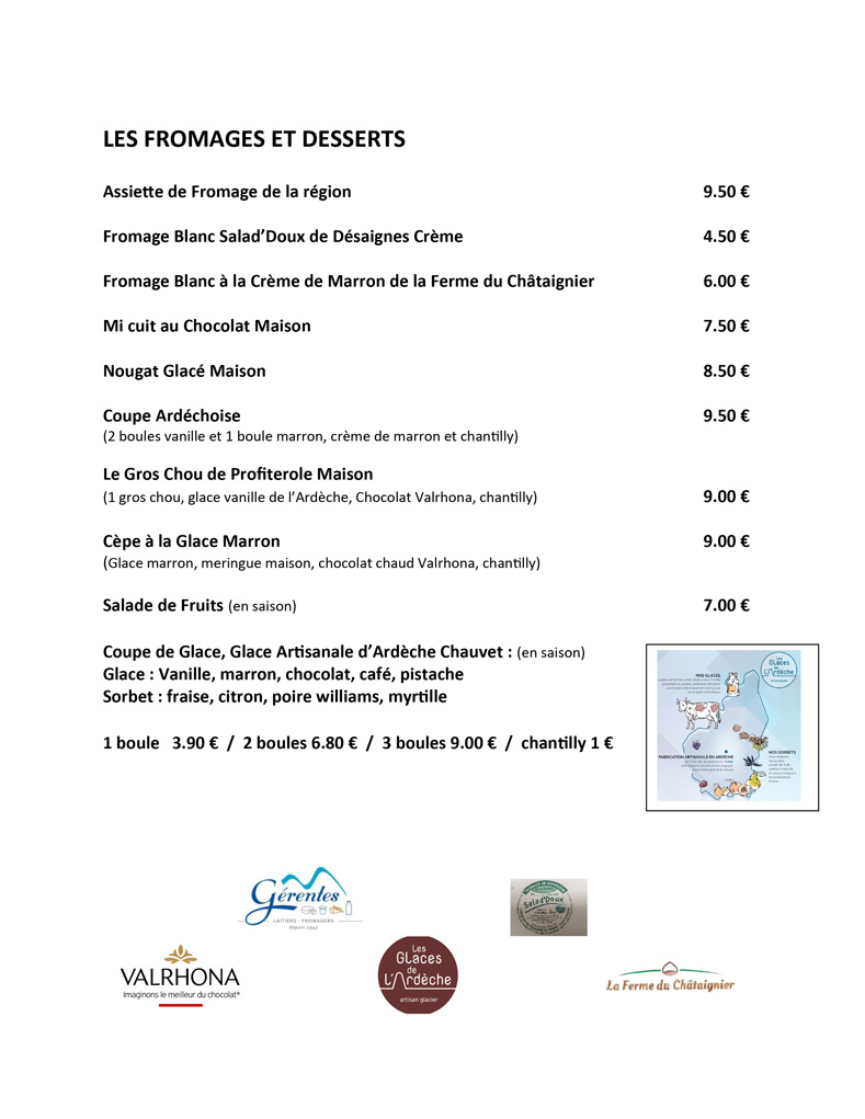 carte des fromages et desserts du restaurant avec produits régionaux à Lamastre en Ardèche